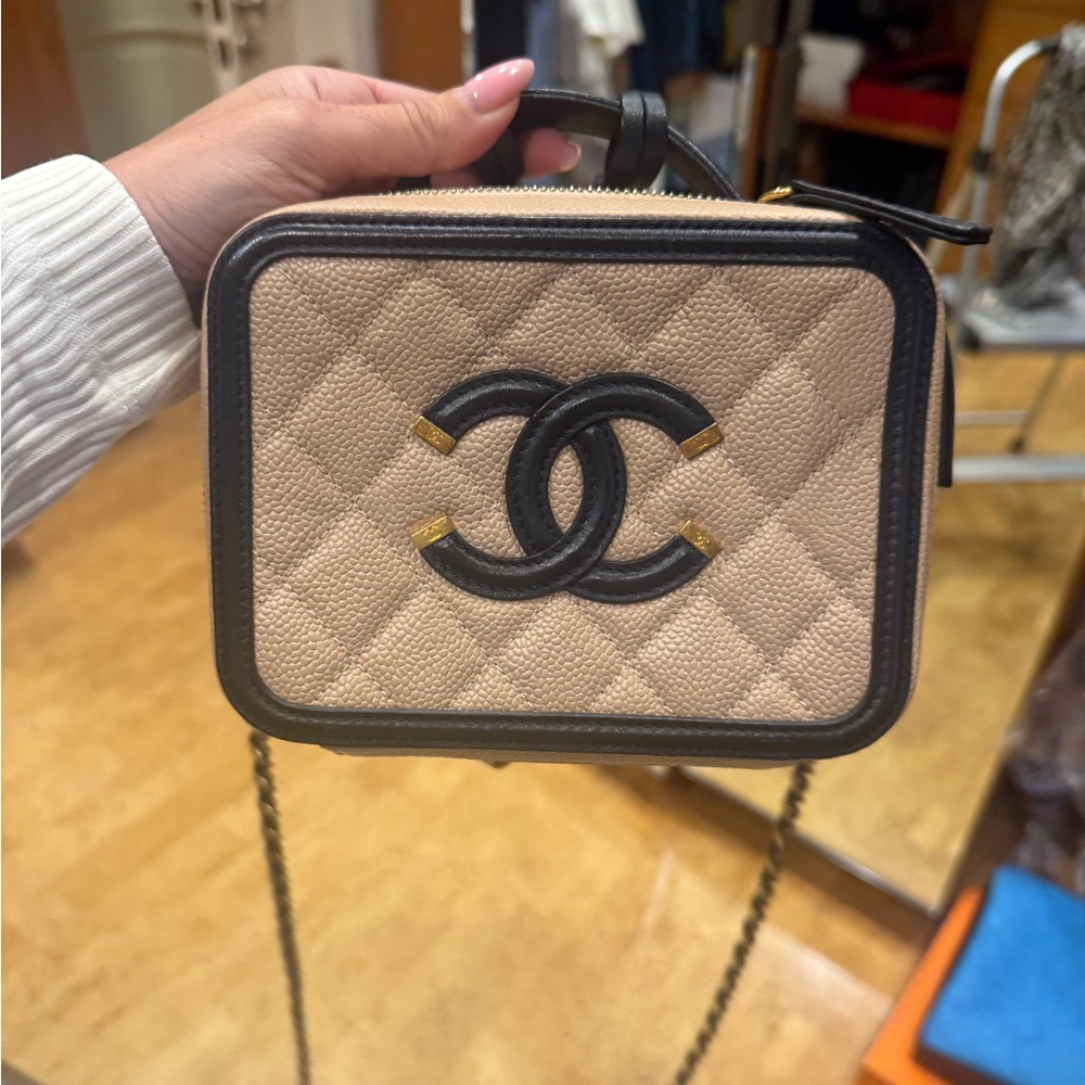 CHANEL Beige and Black Quilted Crossbody Bag